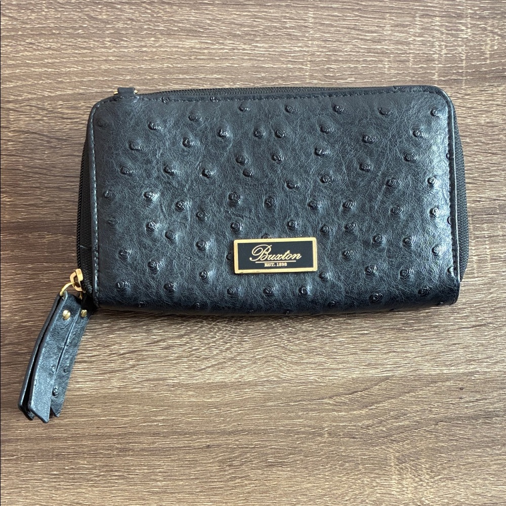 EUC Buxton Black Ostrich Wallet with Gold Detail Missing Strap